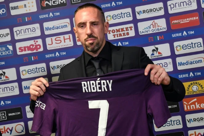 L'attaquant français Franck Ribéry lors de sa conférence de presse de présentation à la Fiorentina, le 22 août 2019 à Florence 