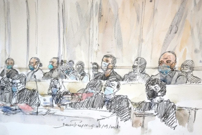 Croquis d'audience réalisé le 2 septembre 2020 montrant les accusés et leurs avocats au procès des attentats de janvier 2015
