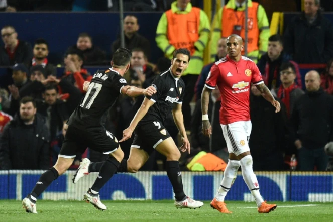 L'attaquant français de Séville, Wissam Ben Yedder (c), buteur en 8e de finale retour de la Ligue des champions face à Manchester United, à Old Trafford, le 13 mars 2018