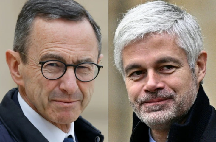 (COMBO) Cette combinaison de photos montre les deux candidats à la présidence du parti Les Républicains: Bruno Retailleau (g), ici le 16 avril 2025 à Paris, et Laurent Wauquiez (d) le 26 novembre 2024 à Paris