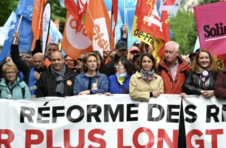Les dirigeants des principaux syndicats français pendant la manifestation du 1er mai 2023 à Paris ( AFP / Alain JOCARD )