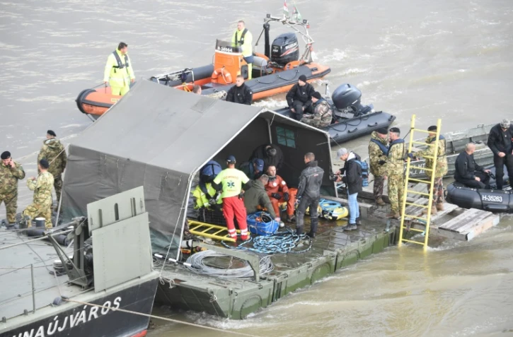 Des plongeurs et des équipes de sauveteurs recherchent des survivants après le naufrage d'un bateau de touristes sur le Danube, le 30 mai 2019 à Budapest