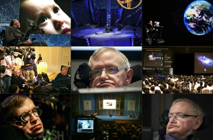 Cette combinaison de photos créée le 14 mars 2018 montre l'astrophysicien Stephen Hawking lors de différents événements.