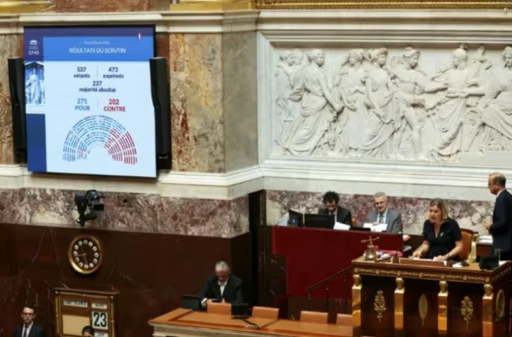 La présidente de l'Assemblée nationale, Yaël Braun-Pivet, à côté des résultats d'un vote solennel sur une réforme constitutionnelle visant à accorder à la Corse des pouvoirs dérogatoires au nom de ses spécificités, le 23 juin 2026 à Paris ( AFP / Alain JOCARD )