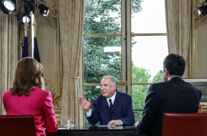 Le Premier ministre François Bayrou lors d'une interview télévisée en direct diffusée sur les chaînes d'information LCI, CNews, BFMTV et FranceInfo TV, à l'Hôtel de Matignon à Paris, le 31 août 2025 ( AFP / ALAIN JOCARD )