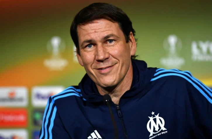 L'entraîneur de Marseille Rudy Garcia en conférence de presse, le 15 mai 2018 à Décines-Charpieu