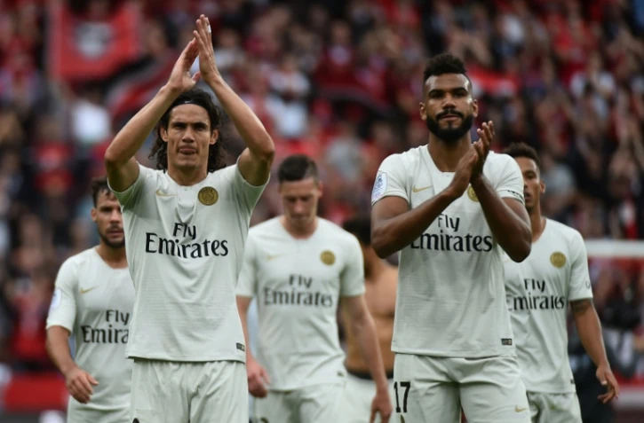 Les attaquants du PSG Edinson Cavani et Eric-Maxim Choupo Moting, après la victoire à Rennes, le 23 septembre 2018