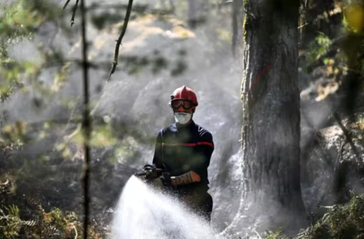 Un pompier asperge la végétation dans la forêt de Fontainebleau touchée par un incendie le 16 juillet 2026 ( AFP / LOU BENOIST )