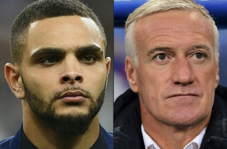Photo montage du défenseur international du PSG Layvin Kurzawa (g) et du sélectionneur de l'équipe de France Didier Deschamps, le 18 septembre 2017 à Paris 
