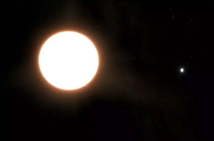 Illustration artistique fournie par l'Agence spatiale européenne (Esa), le 10 juillet 2023, de l'exoplanète LTT9779b et son étoile hôte ( EUROPEAN SPACE AGENCY / Handout )