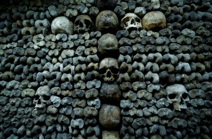 Des crânes et des ossements humains alignés contre un mur des catacombes de Paris, le 24 mars 2026
