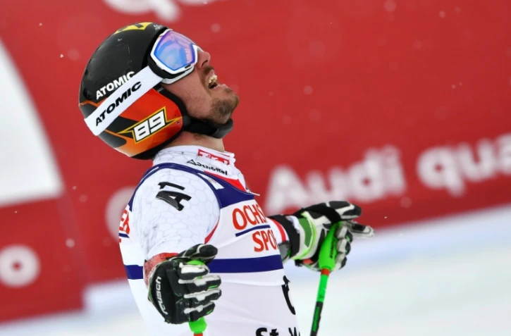 Marcel Hirscher exulte après son sacre mondial dans le slalom géant à Saint-Moritz, le 17 février 2017
