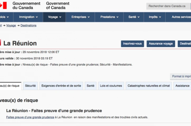 Le gouvernement du Canada déconseille à ses ressortissants de voyager à La Réunion