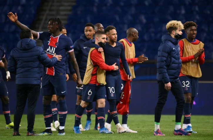 La joie des joueurs du Paris-SG après leur qualification en demi-finales de la Ligue des champions, au Parc des Princes, le 13 avril 2021