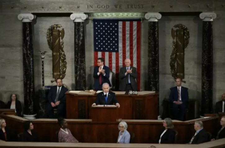Le Premier ministre israélien Benjamin Netanyahu s'adresse au Congrès américain, à Washington, le 24 juillet 2024 ( AFP / Drew ANGERER )