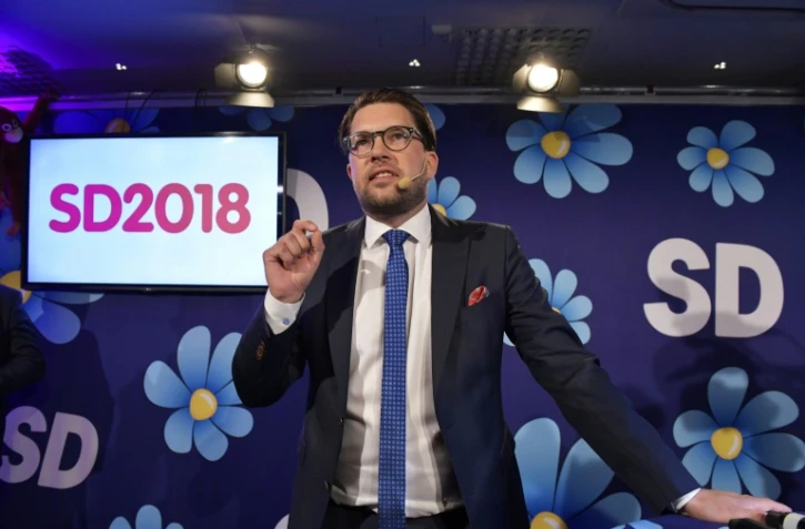  Jimmie Åkesson, des Démocrates de Suède (anti-immigration), s'exprime devant ses partisans à Stockholm le 9 septembre après les élections législatives.