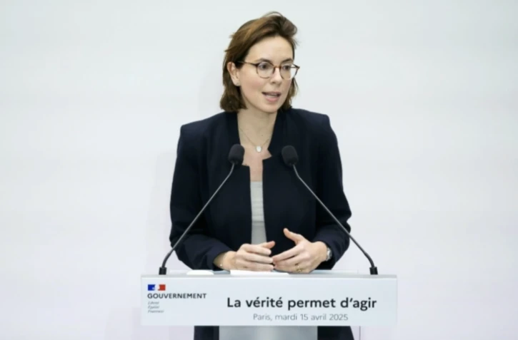 La ministre des Comptes publics Amélie de Montchalin, lors de la conférence de presse le 15 avril 2025 à Paris. ( AFP / Alain JOCARD )