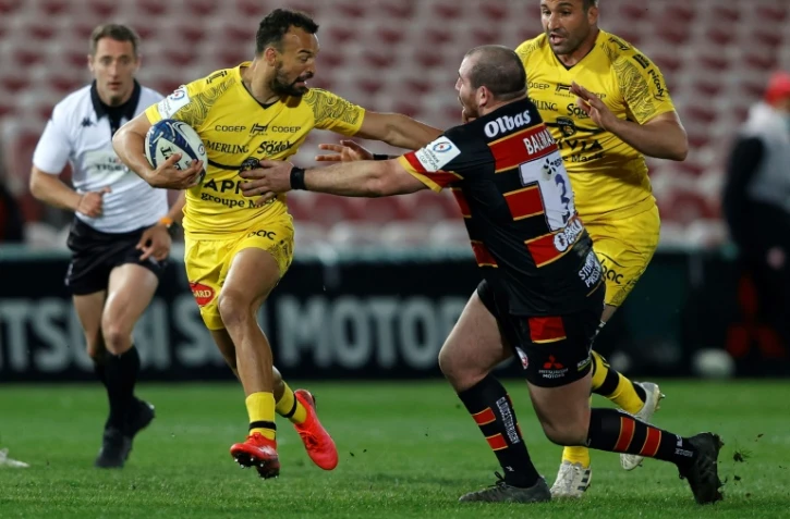 L'arrière sud-africain de La Rochelle, Dillyn Leyds, ballon en main lors du 8e de finale de la Coupe d'Europe à Gloucester, le 2 avril 2021 