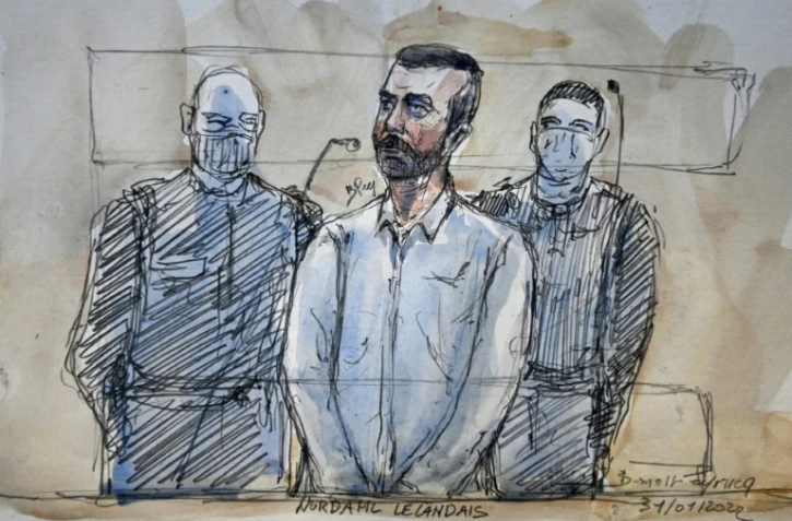 Croquis d'audience de Nordahl Lelandais (c) lors de son procès pour le meurtre de Maëlys de Araujo, le 31 janvier 2022 à la cour d'assises de Grenoble