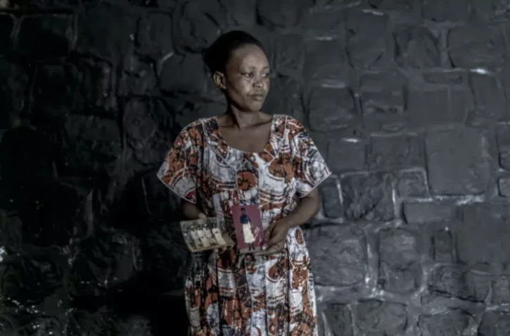 Nyirahabimana Aliette, survivante du génocide rwandais, tient des photos des membres de sa famille tués en 1994, pour qu'elles soient dessinées dans un atelier d'artistes, le 2 avril 2024 à Kigali, au Rwanda ( AFP / Guillem Sartorio )