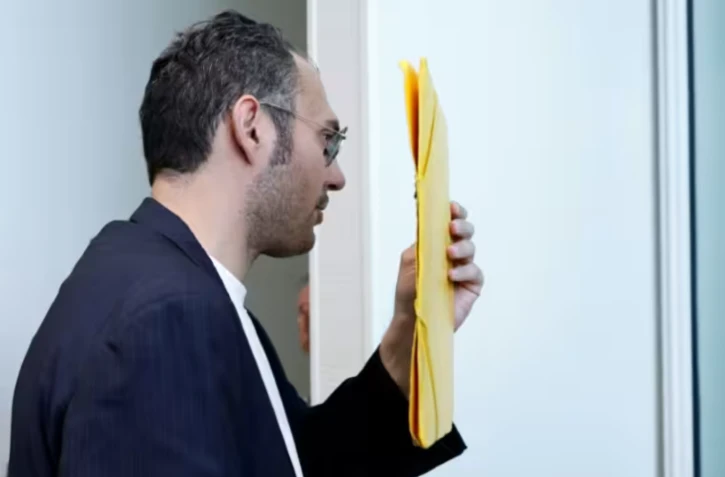 David G., animateur périscolaire, se cache le visage avec un dossier à son arrivée au tribunal où il doit être jugé pour agressions sexuelles sur neuf enfants, le 26 mai 2026 à Paris ( AFP / SIMON WOHLFAHRT )