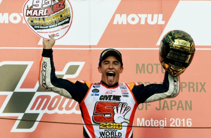 L'Espagnol Marc Marquez, sacré champion du monde de MotoGP, le 16 octobre 2016 à Motegi au Japon