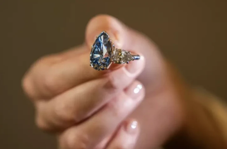 Le diamant Bleu Royal de 17,61 carats, le 2 novembre à Genève ( AFP / PIERRE ALBOUY )