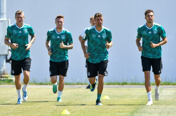 Marco Reus (2e à gauche) à l'entraînement avec Toni Kroos, Thomas Müller et Leon Goretzka à Sotchi, le 21 juin 2018, est titularisé contre la Suède