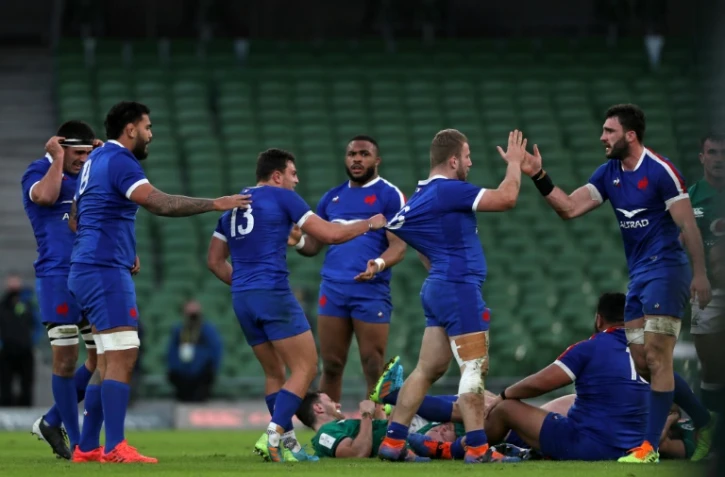 La joie du XV de France après son succès en Irlande lors du Tournoi des six Nations, à Dublin, le 14 février 2021