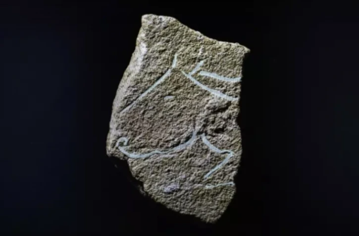 Une plaque gravée représentant un profil de cheval datant du tout début du Magdelanien (- 20 000 ans), le 30 mars 2023, découverte lors de fouilles sur le site de Bellegarde, dans le sud de la France ( AFP / Pascal GUYOT )