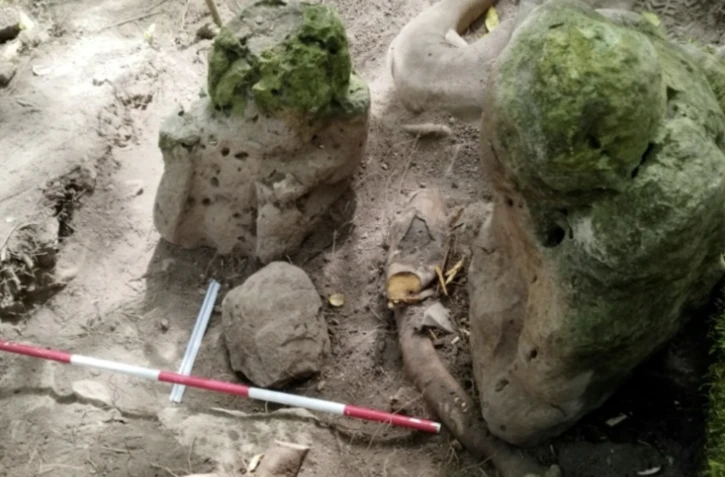Cette photo non datée publiée par le ministère guatémaltèque de la Culture le 29 mai 2025 montre deux sculptures anthropomorphes qui "représentent un couple ancestral", découvertes sur le site archéologique d'Uaxactún, au Guatemala ( Guatemalan Ministry of Culture and Sports / Handout )