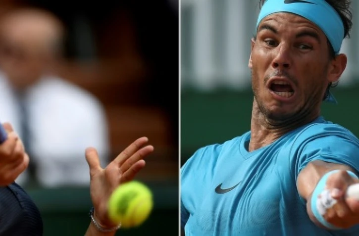 L'Autrichien Dominic Thiem (g) et l'Espagnol Rafael Nadal lors de leur demi-finale respective à Roland-Garros, le 8 juin 2018