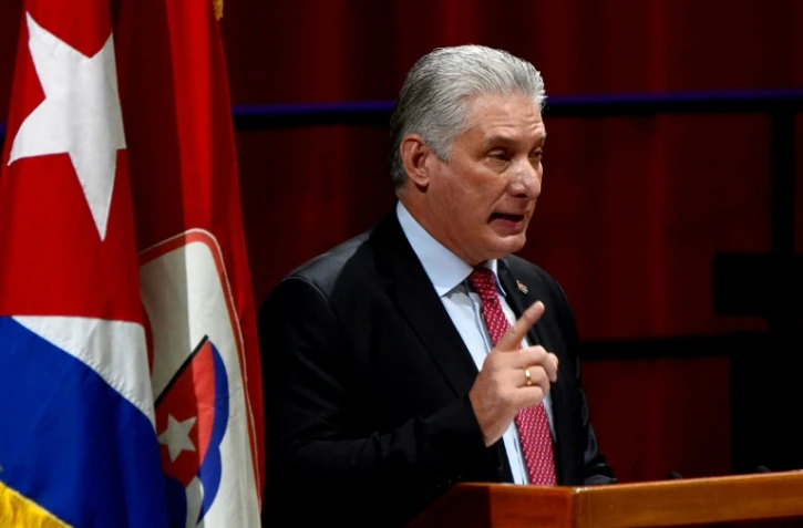 Le président cubain Miguel Diaz-Canel prononce le discours de clôture du 8e Congrès du Parti communiste cubain (PCC), dont il est le Premier secrétaire, à La Havane, le 19 avril 2021