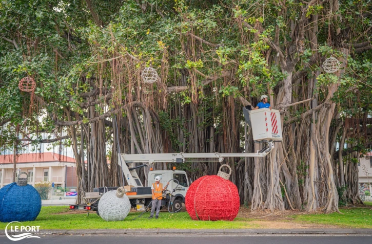 Le Port : installation des illuminations dans la ville