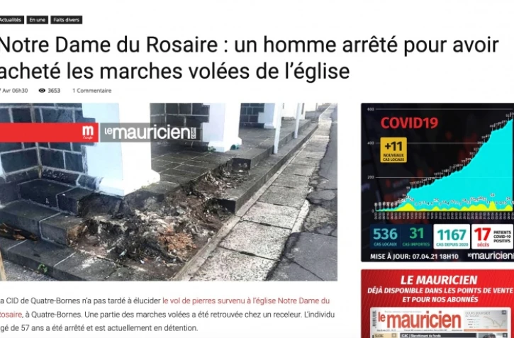 Maurice : un homme arrêté pour avoir volé les marches d'une église