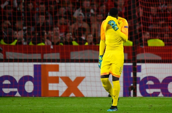 Le gardien de Rennes Edouard Mendy expulsé dès le début du match contre Cluj, en Ligue Europa, le 24 octobre 2019 au Roazhon Park