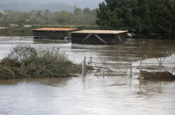Des étables inondées dans un centre équestre après le passage de la tempête Domingos, le 5 novembre 2023 à Bastelicaccia, en Corse du Sud ( AFP / Pascal POCHARD-CASABIANCA )