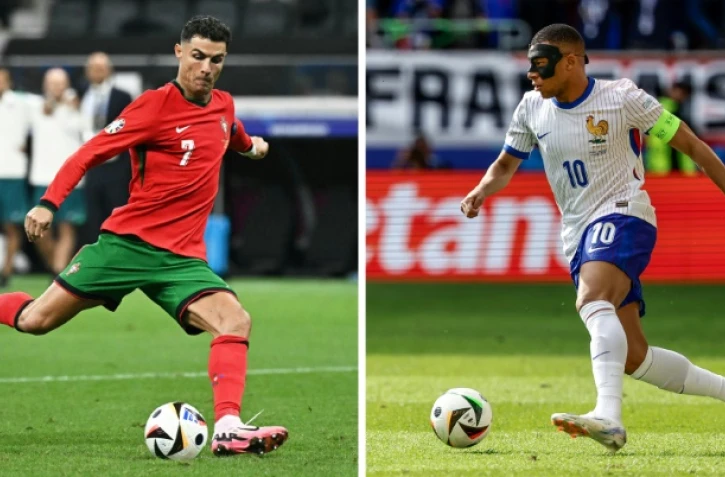 Combo créé le 3 juillet 2024: le Portugais Cristiano Ronaldo (gauche) et le Français Kylian Mbappé, respectivement à Francfort et Düsseldorf le 1er juillet 2024, en Allemagne