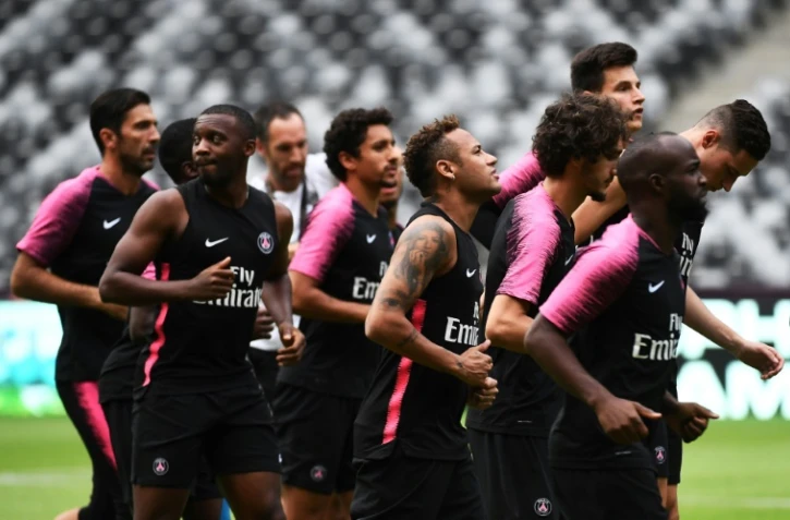 Les joueurs du PSG préparent le Trophée des champions contre Monaco lors d'une séance d'entraînement à Shenzhen, le 3 août 2018 