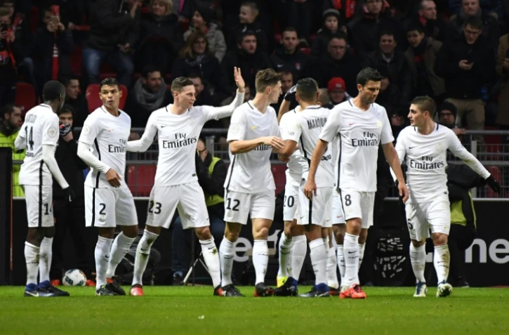 Le PSG après le but de Julian Draxler (2g) face à Rennes, le 14 janvier 2017 au Roazhon Park