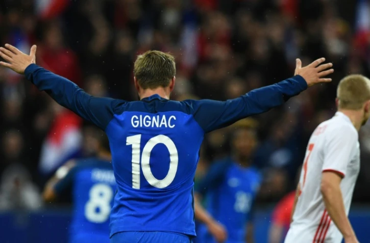 André-Pierre Gignac célèbre lors du match amical France - Russie,  le 29 mars 2016 au Stade de France