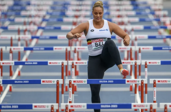 La lanceuse de poids belge Jolien Boumkwo aux championnats d'Europe d'athlétisme par équipe, samedi 24 juin, en POlogne. (ERIK VAN LEEUWEN / BELGA MAG / AFP)