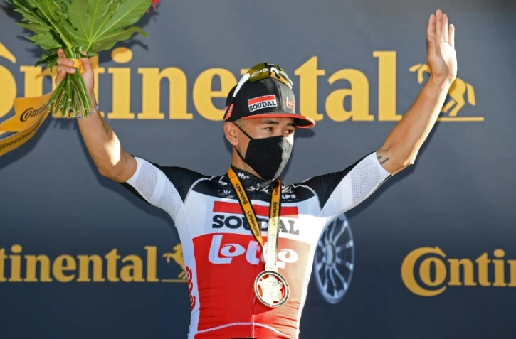 Le coureur australien de l'équipe Lotto Caleb Ewan vainqueur de la 3e étape du Tour de France à Sisteron, le 31 août 2020
