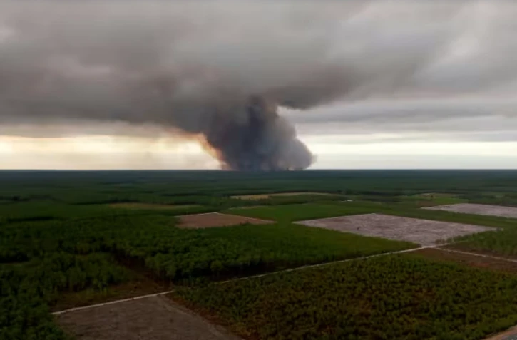 Une photo aérienne depuis Arès montre la fumée d'un incendie à Saumos (Gironde), le 22 juillet 2026 ( AFP / ROMAIN PERROCHEAU )