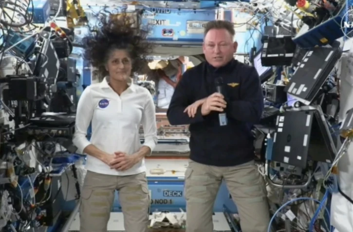 Butch Wilmore et Suni Williams lors d'une conférence de presse depuis la Station spatiale internationale (ISS), le 13 septembre 2024 ( NASA TV / Handout )