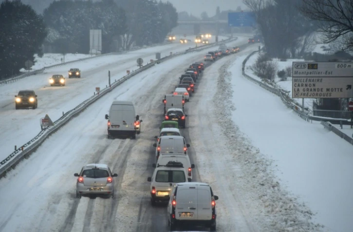Embouteillages liés à la neige le 28 février 2018 sur l'A9 près de Montpellier