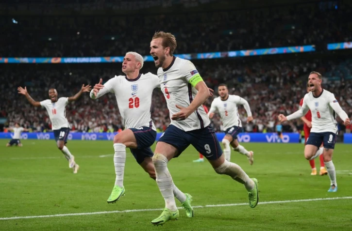 Le capitaine anglais Harry Kane après son but contre le Danemark en demi-finale de l'Euro le 7 juillet 2021 à Wembley
