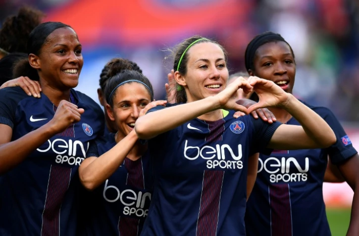 Les joueuses du PSG victorieuses du FC Barcelone avec notamment un but de Sabrina Delannoy, le 29 avril 2017 au Parc des Princes