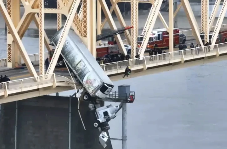 A driver was dramatically rescued from a truck in Kentucky Friday after it crashed through the bridge's guardrail, according to local reports. (Fox News)
