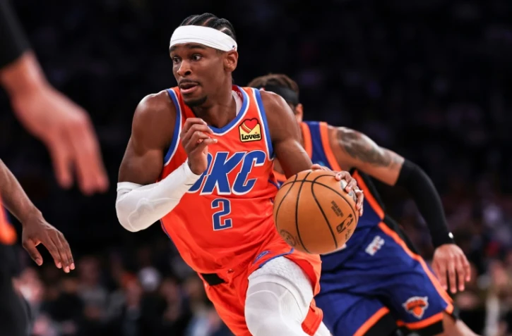 La star canadienne du Thunder d'Oklahoma, Shai Gilgeous-Alexander, lors d'un match de saison régulière face aux Knicks, le 31 mars 2024 à New York